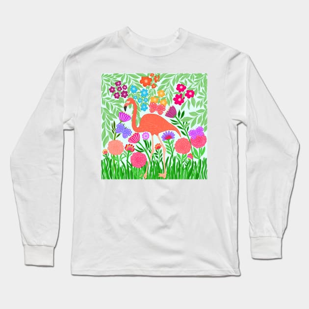 Enchanting Flamingo Butterfly and Flower Design Long Sleeve T-Shirt by Rosemarie Guieb Designs